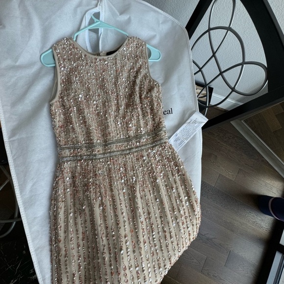 Mac Duggal Sequin High Neck Sleeveless Column Dress Gown Gold Back Slit #6619954 - Picture 7 of 9